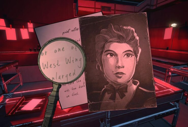 Taking a closer look at a photo in Blue Prince in a dark room, and using a magnifying glass to read some handwriting on it