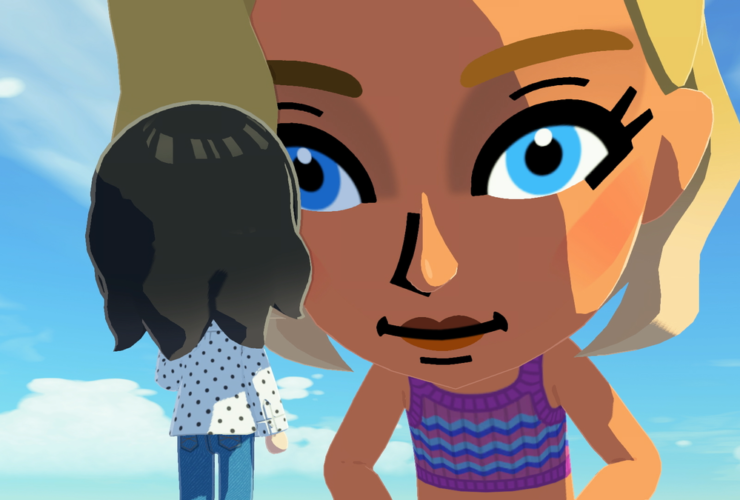 Tomodachi Life living the dream screenshot showing a giant woman looking at a smaller woman