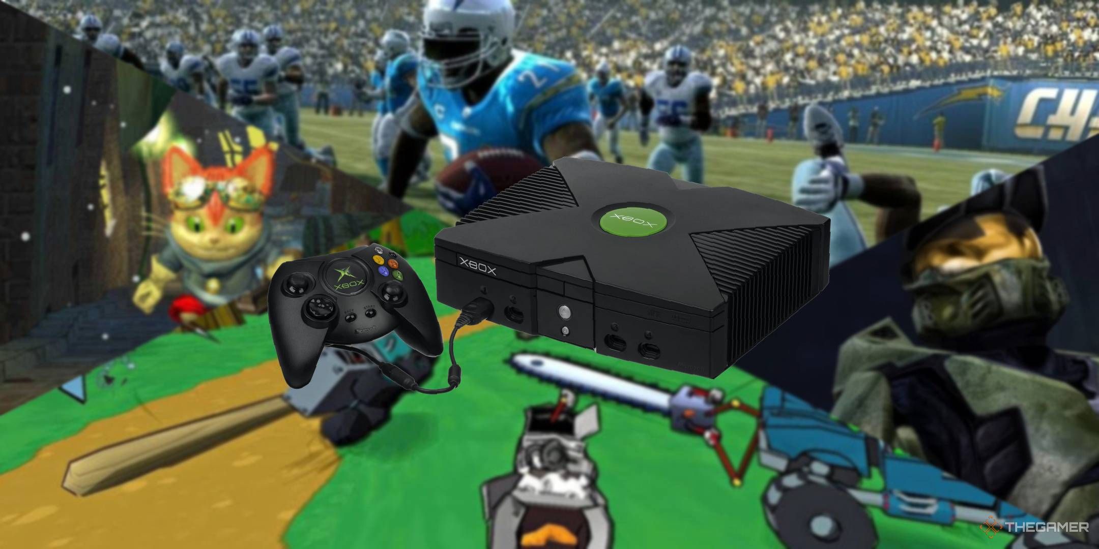 An xbox overlaid on a blurred background of its games.