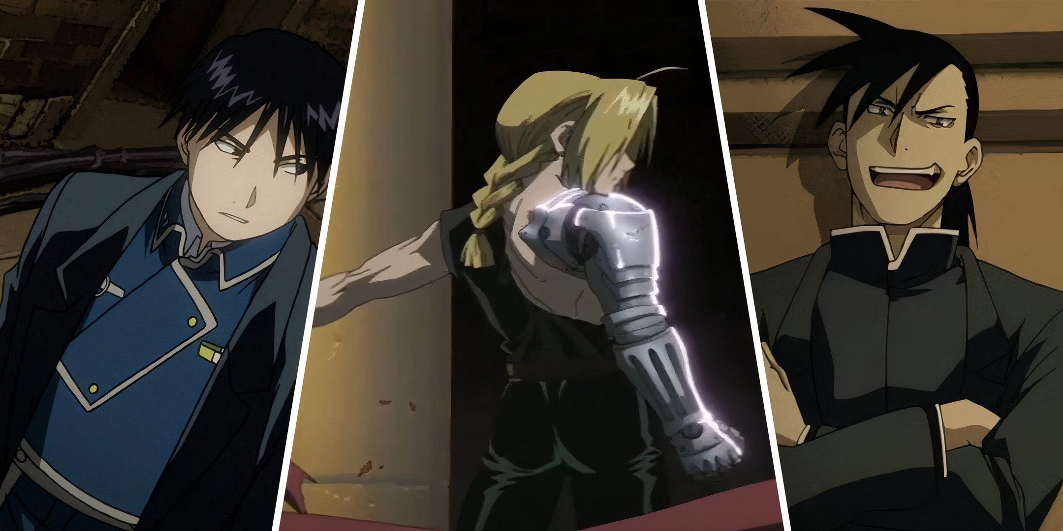 Roy Mustang, Edward Elric and Greed from Fullmetal Alchemist Brotherhood side by side in a collage.