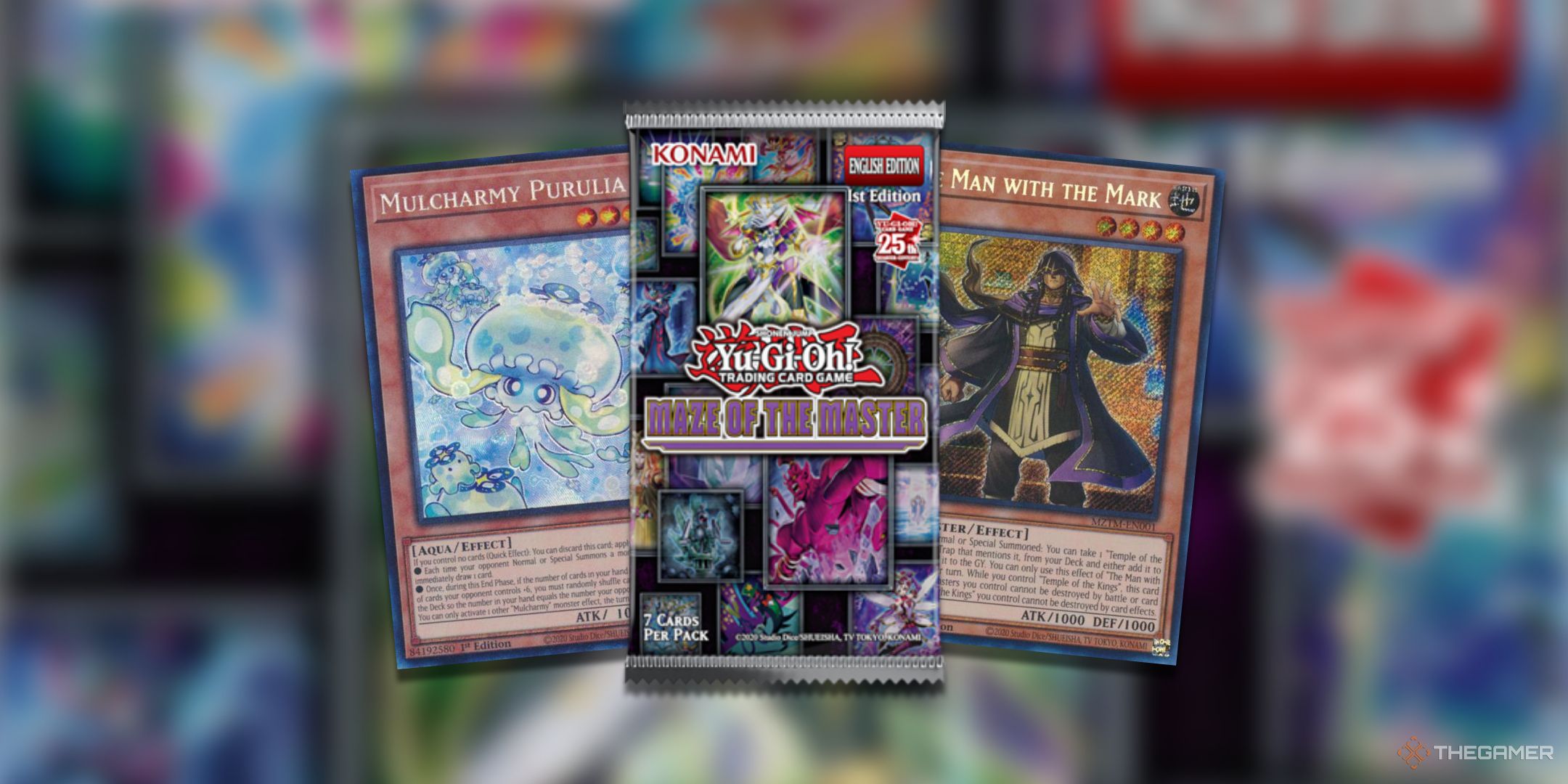 A collage of the best Yu-Gi-Oh! TCG Cards in Maze of the Master such as The Man With The Mark and Mulcharmy Purulia.