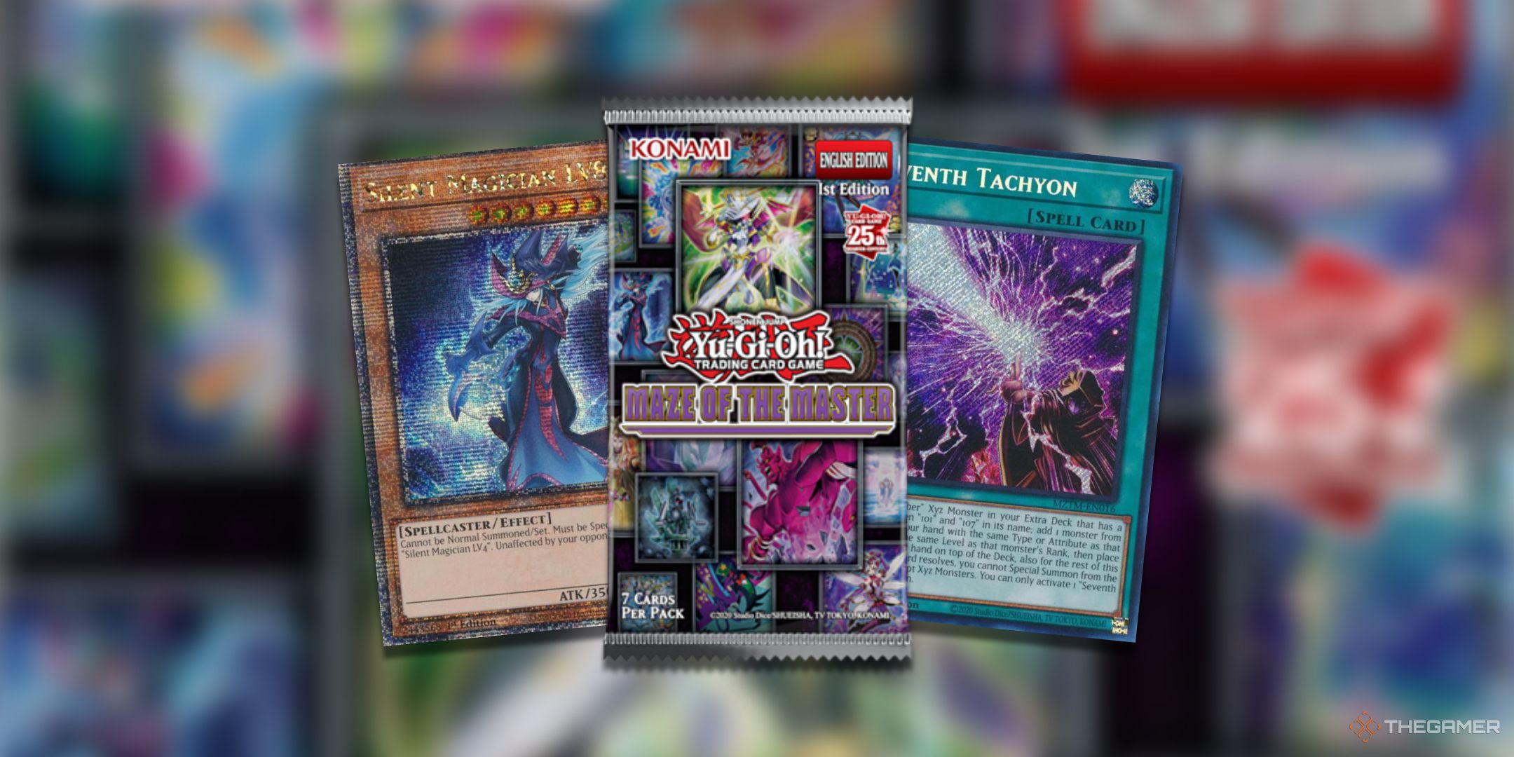 A collage of valuable Yu-Gi-Oh! TCG Cards from Maze of the Master such as Seventh Tachyon and Silent Swordsman.
