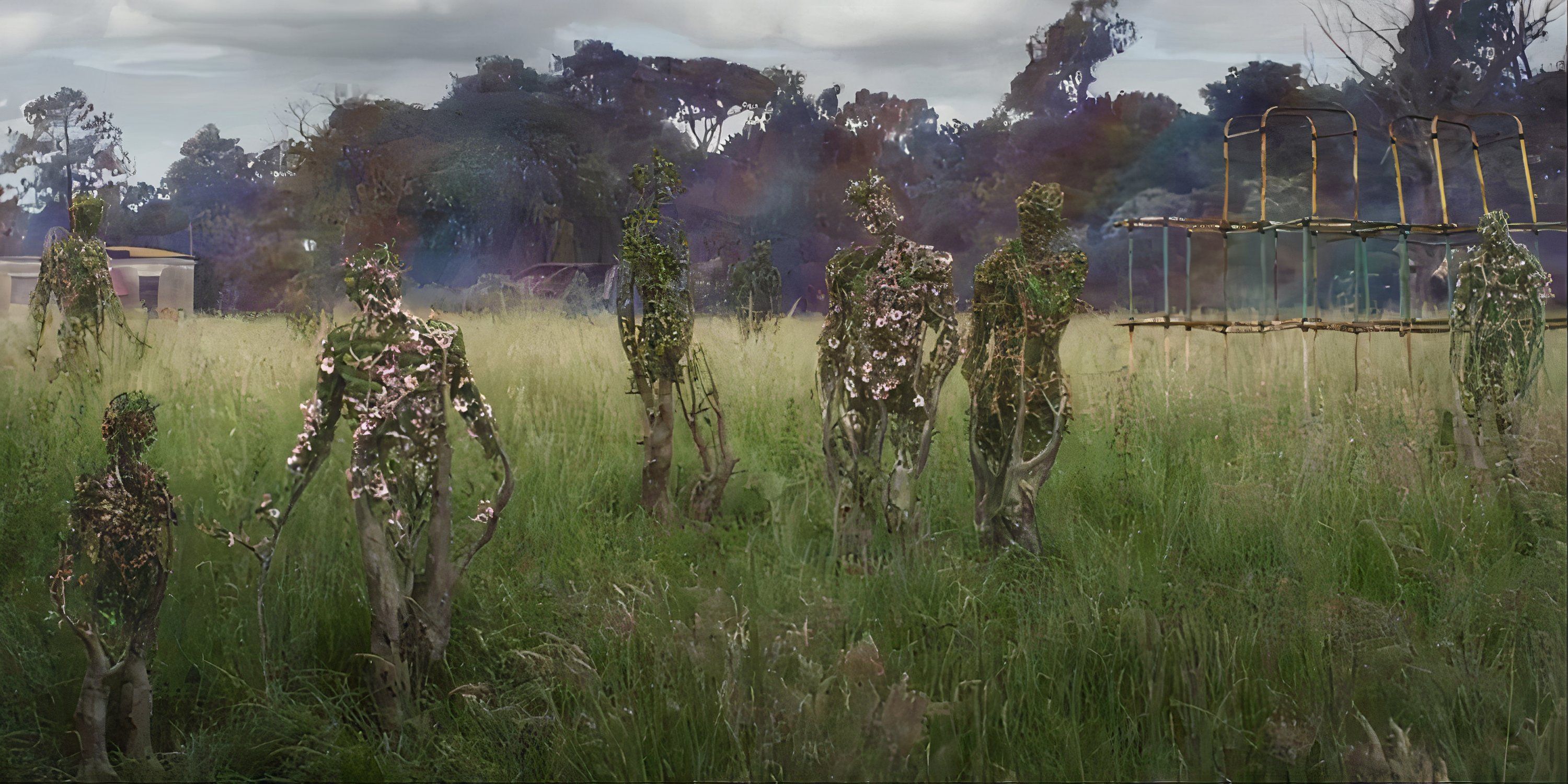 A group of weird plant humans walking in an open field in Annihilation.