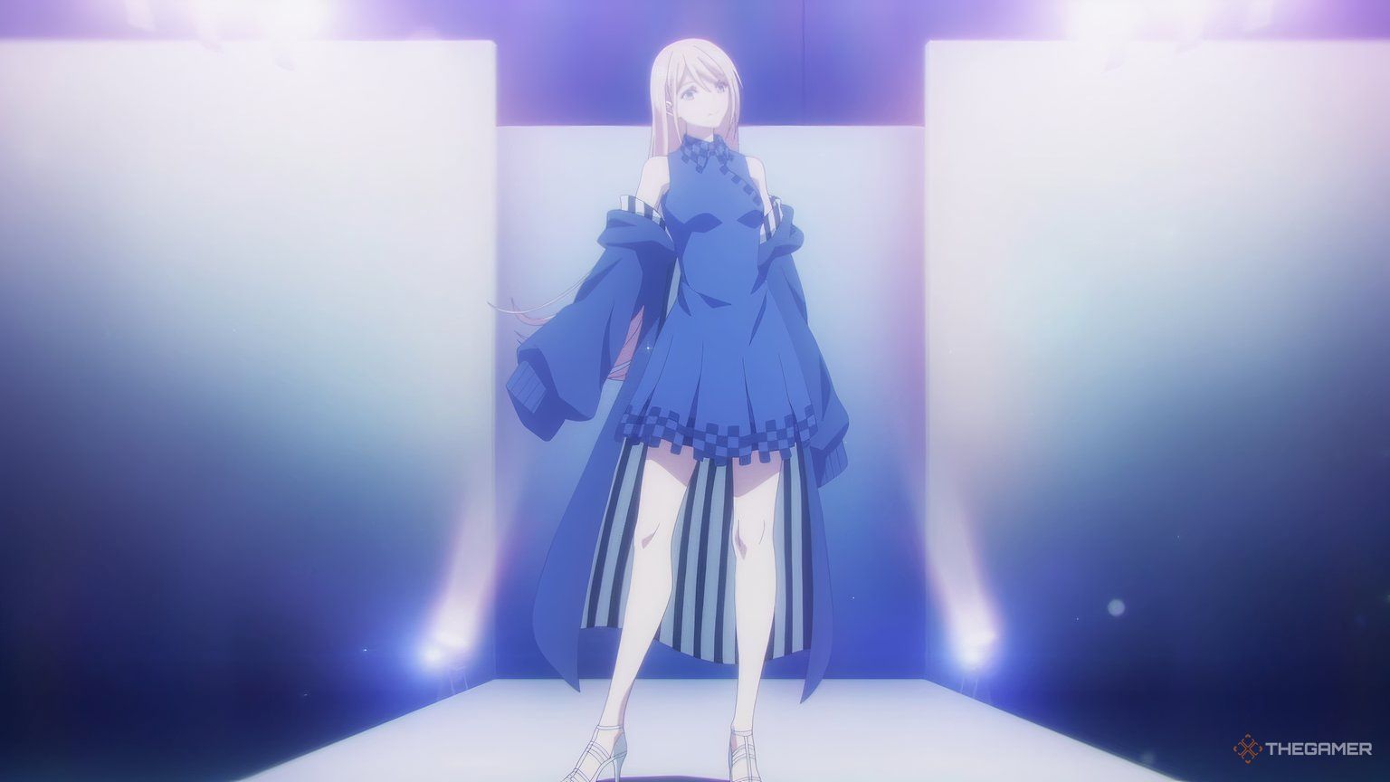 A photo of Chiyuki from Smile Down the Runway dressed up on the runway in a blue outfit.