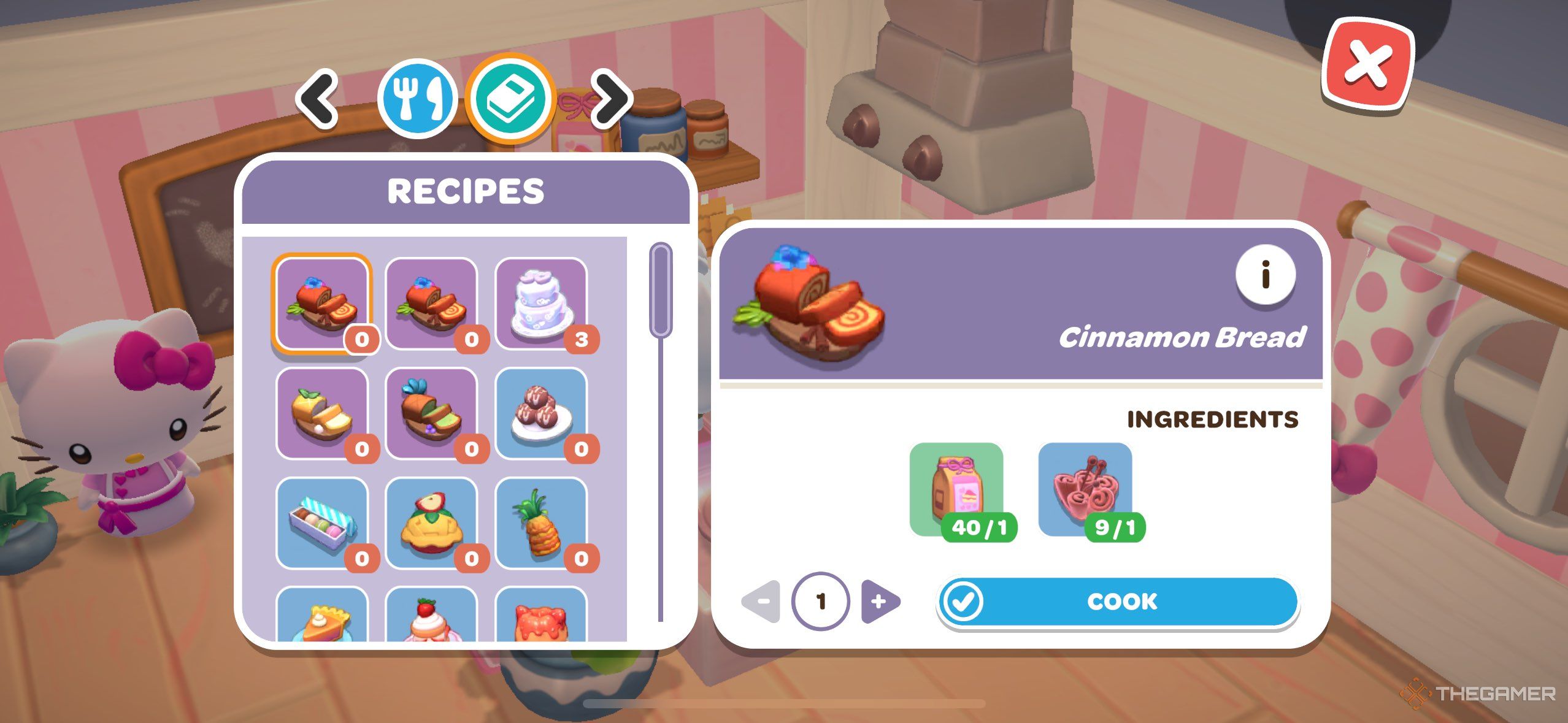 A player looking at the baking page for Cinnamon Bread in Hello Kitty Island Adventure.