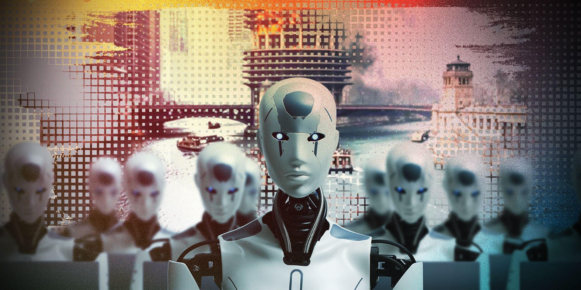 Robots staring at the camera with the A24 AI Civil War ad in the background