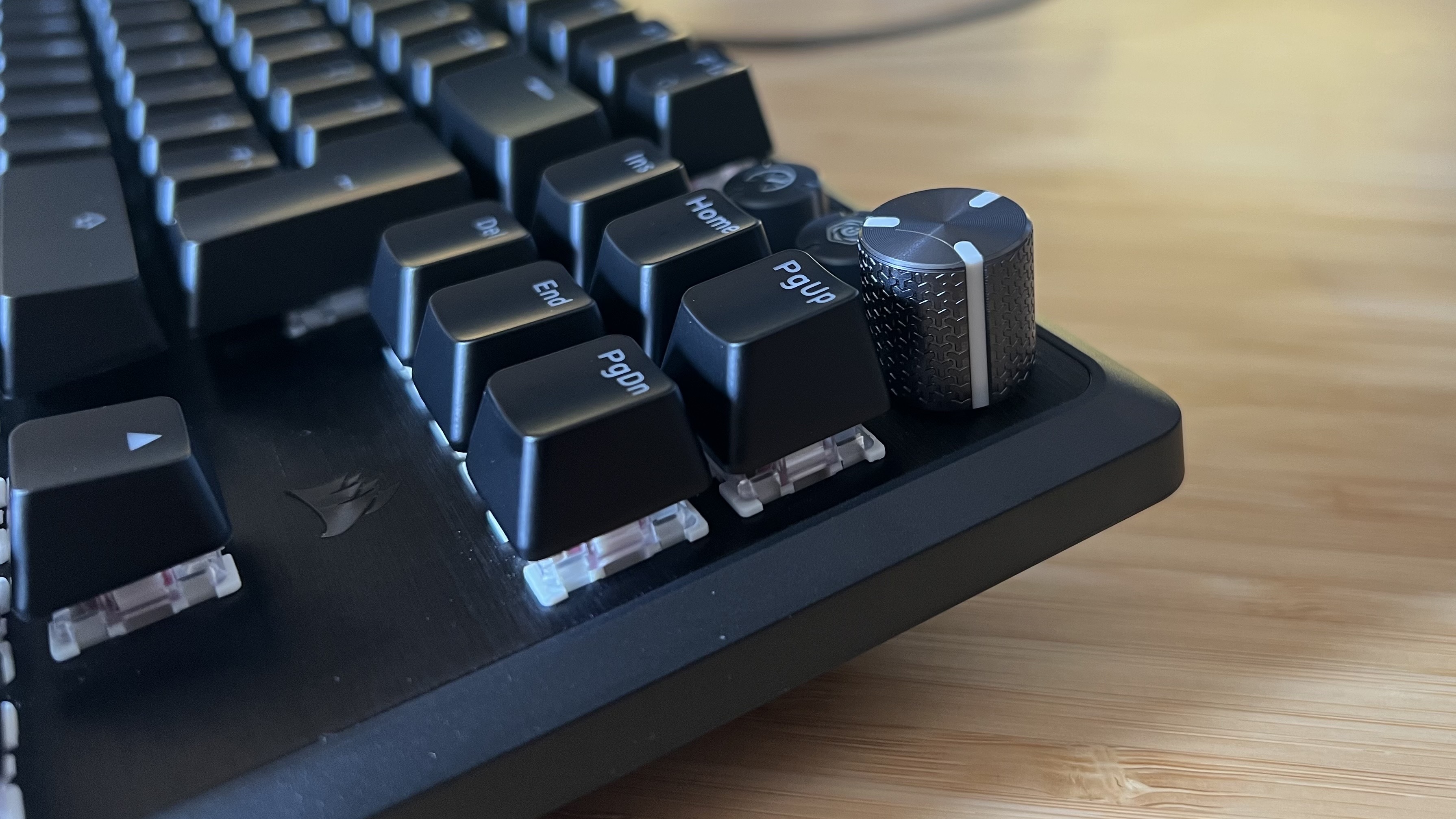 Close up on control dial of Corsair K70 Pro TKL gaming keyboard