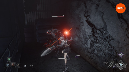 AI Limit protagonist Arrisa battles an angular, monstrous enemy.