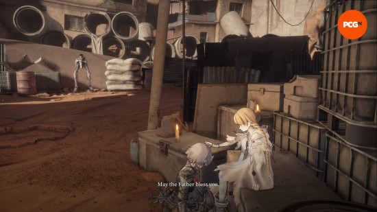 AI Limit NPC Shirley gives protagonist Arrisa a blessing.