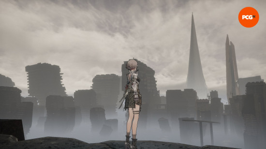 AI Limit review: Protagonist Arrisa looks over a cityscape in the early hours of AI Limit.