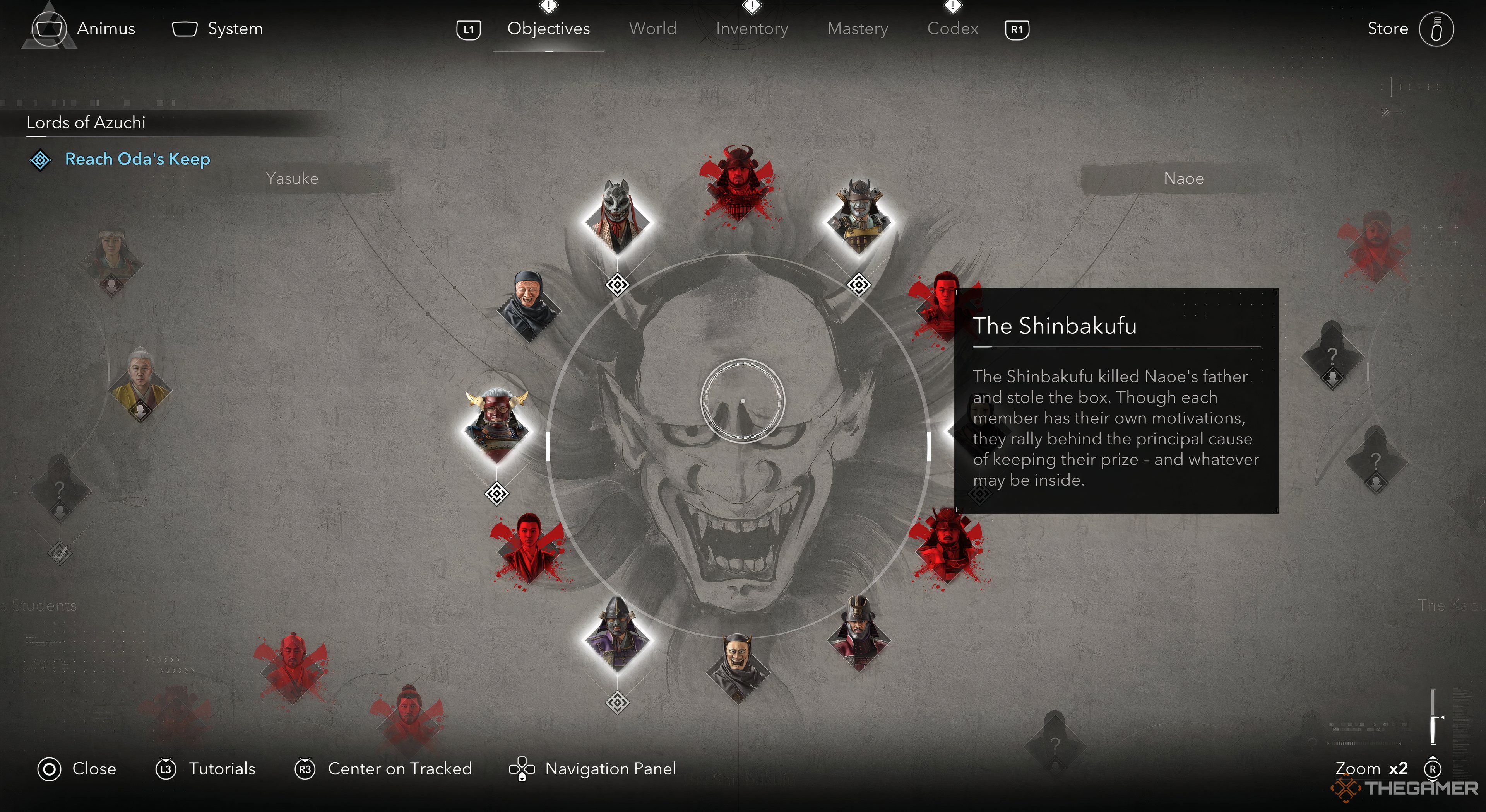 Assassin's Creed Shadows target board showing all the Shinbakufu members including the ones completed. Off to the right side is an information panel.