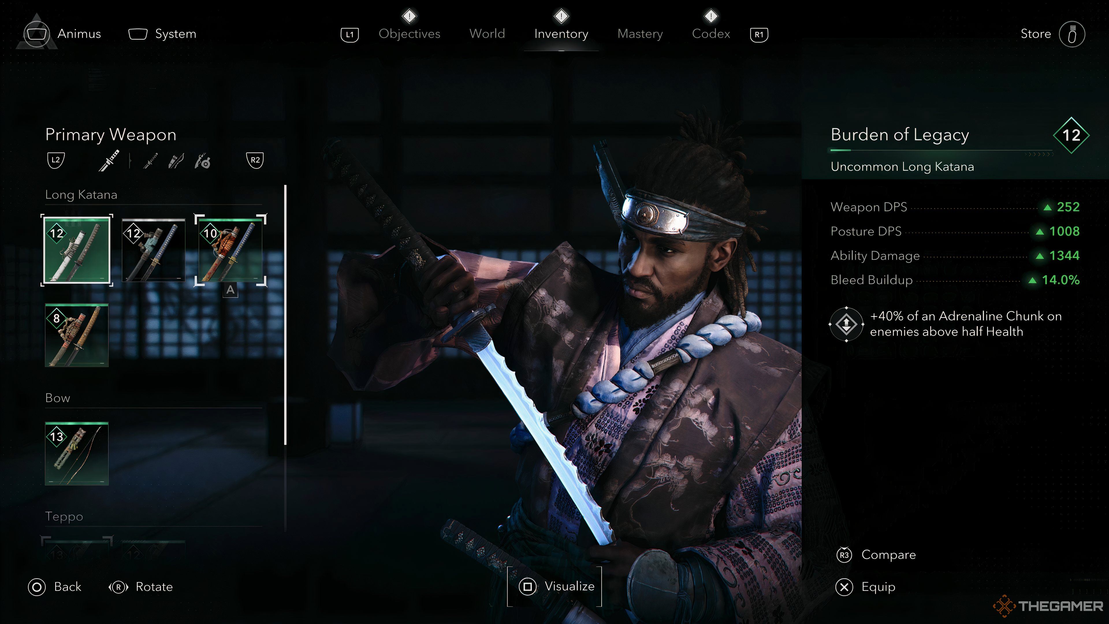 Burden of Legacy weapon selection screen for Yasuke in Assassin's Creed Shadows.