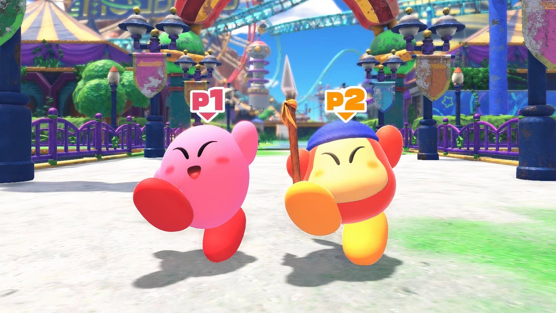 Kirby and Bandana Waddle Dee teaming up in Kirby and the Forgotten Land.