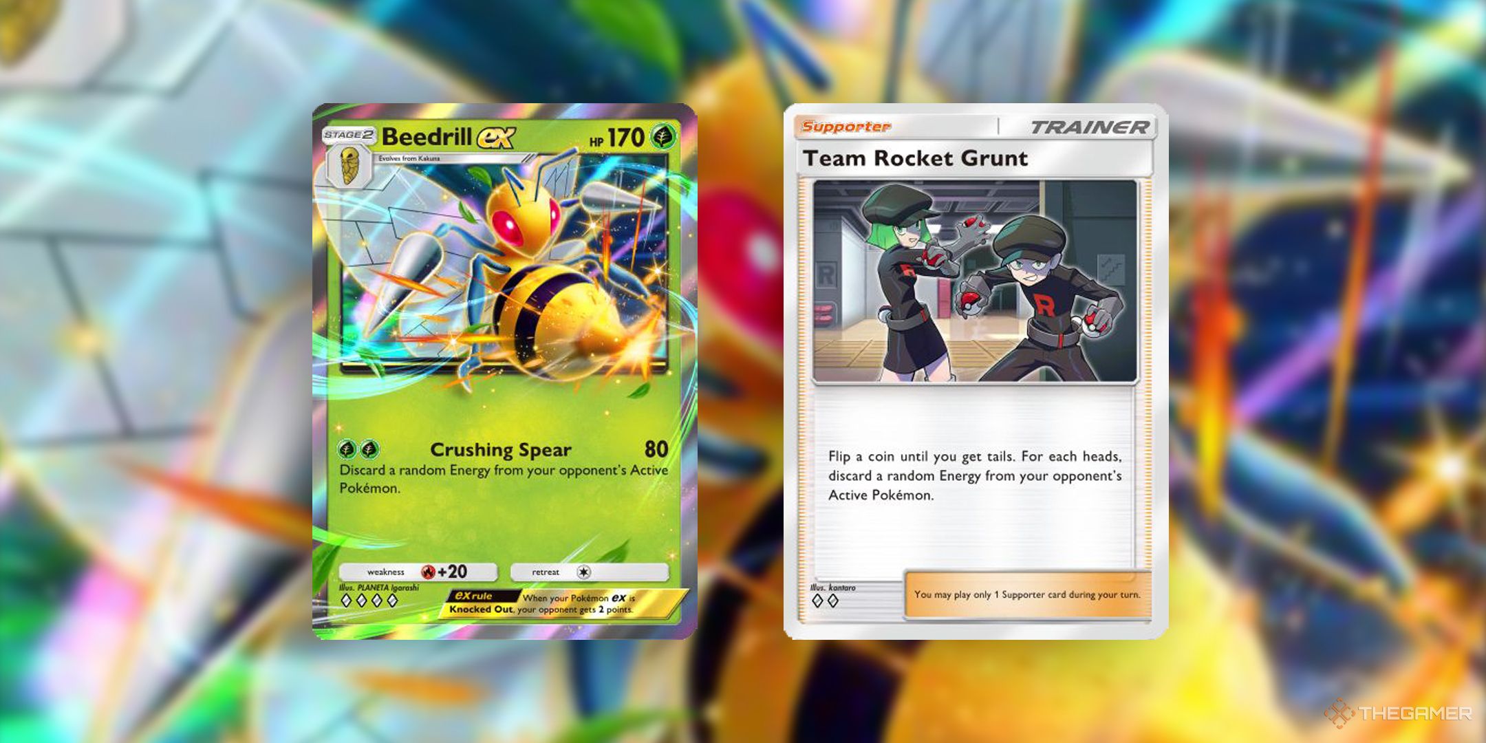 The Beedrill ex and Team Rocket Grunt cards in Pokemon TCG Pocket.