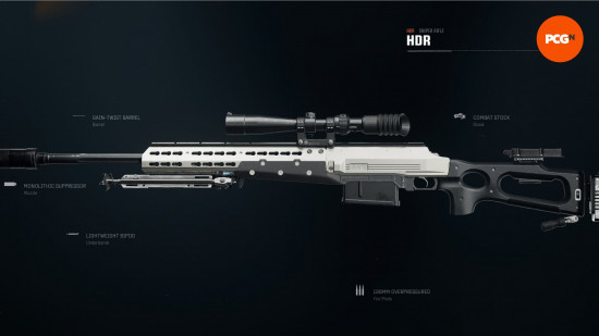 Best Warzone HDR loadout: a long, silver sniper rifle with a list of attachments.