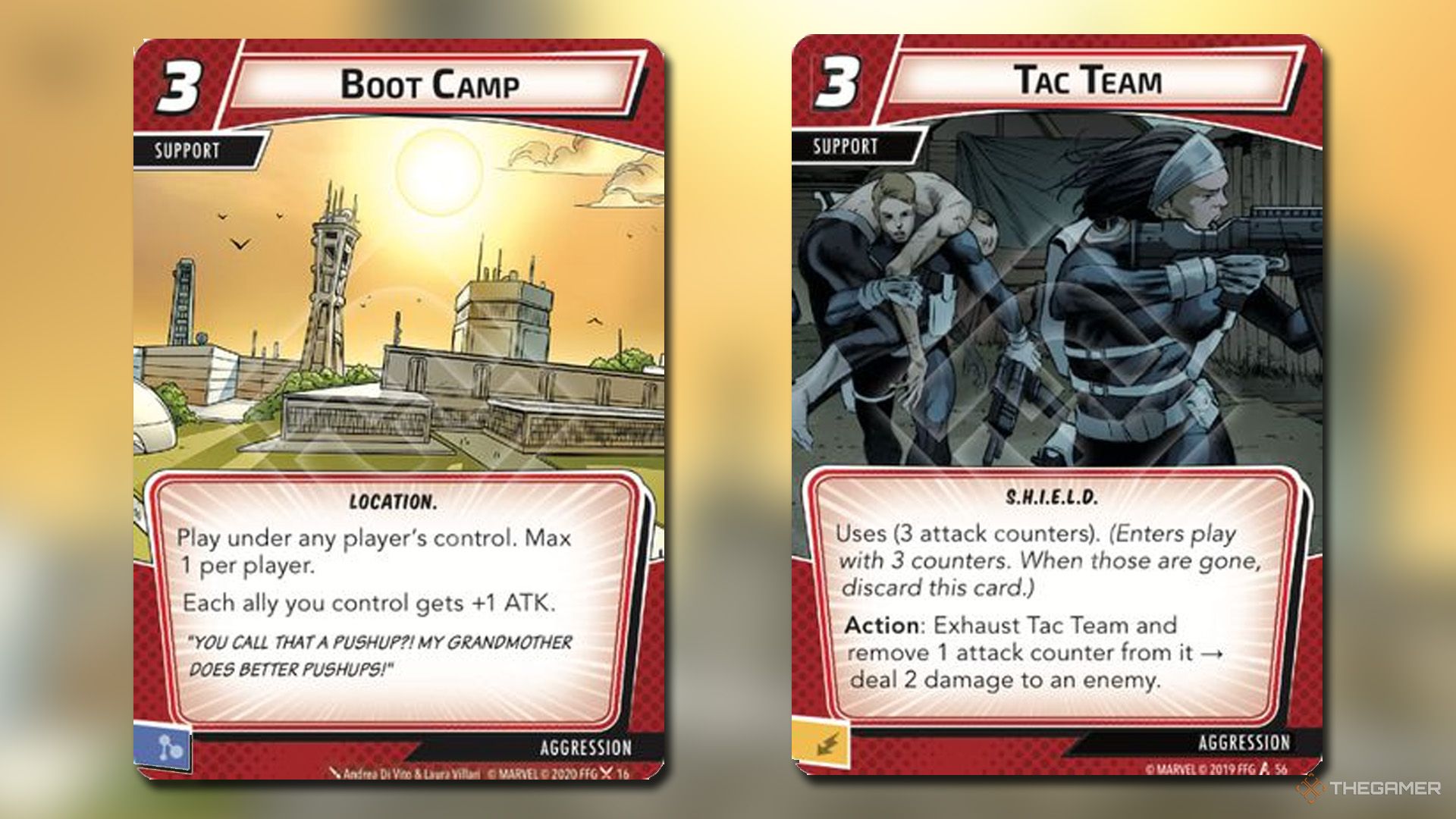 Boot Camp and Tac Team cards from Marvel Champions.
