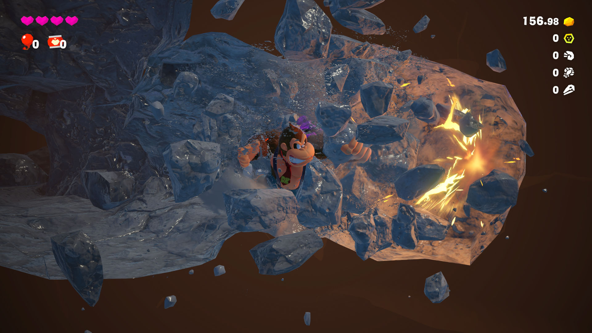 Donkey Kong tunnels through rock with his fists in Donkey Kong Bananza