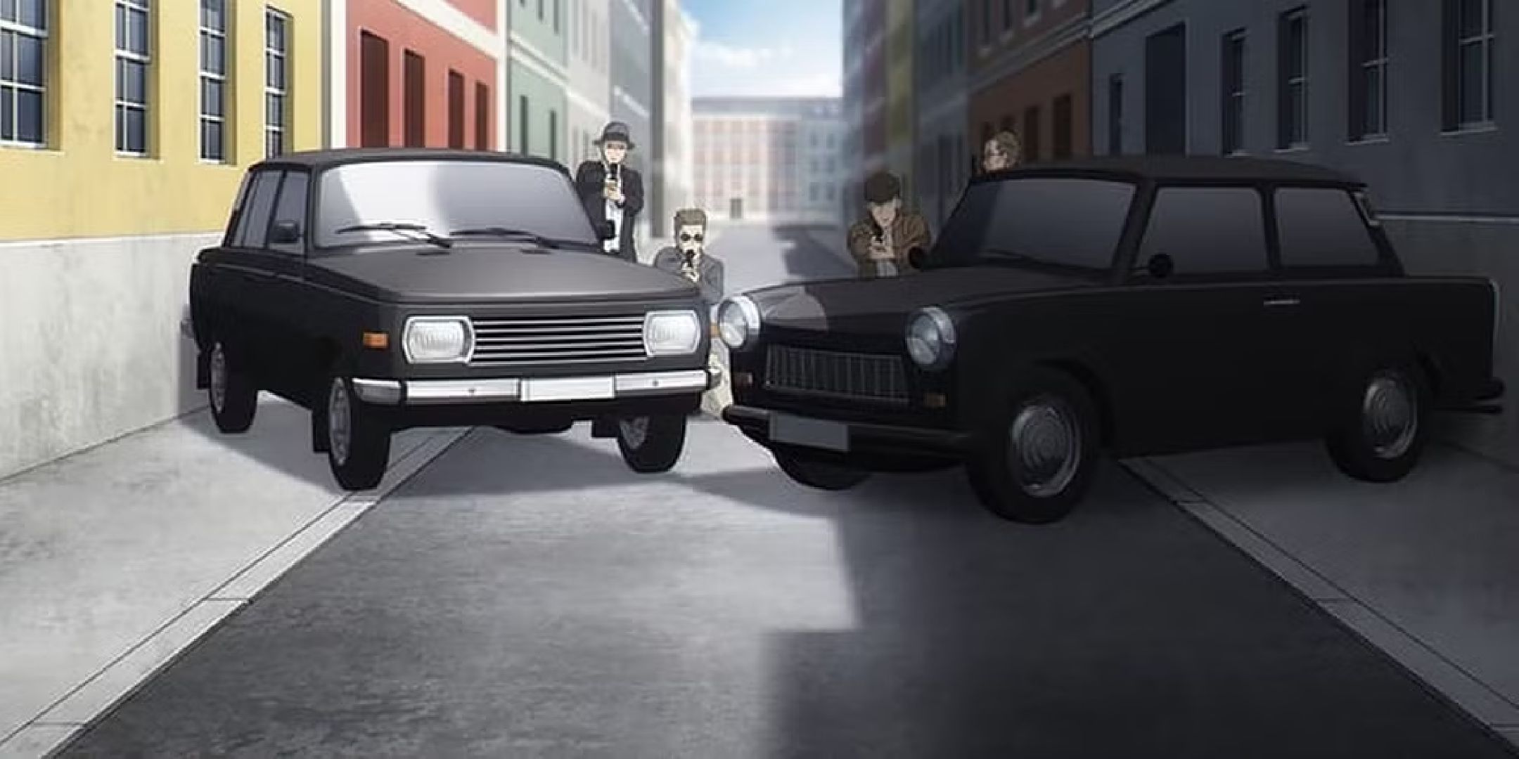 Cars parked in the street in Spy x Family.