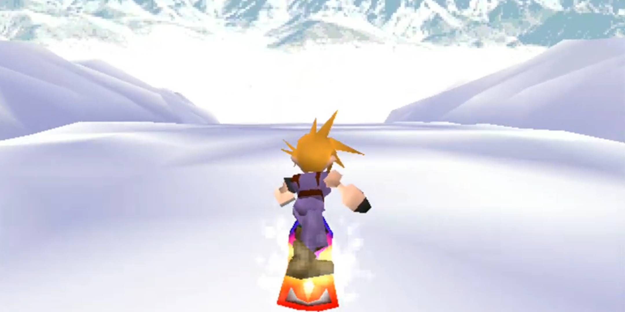 Cloud Strife snowboarding in Final Fantasy 7.