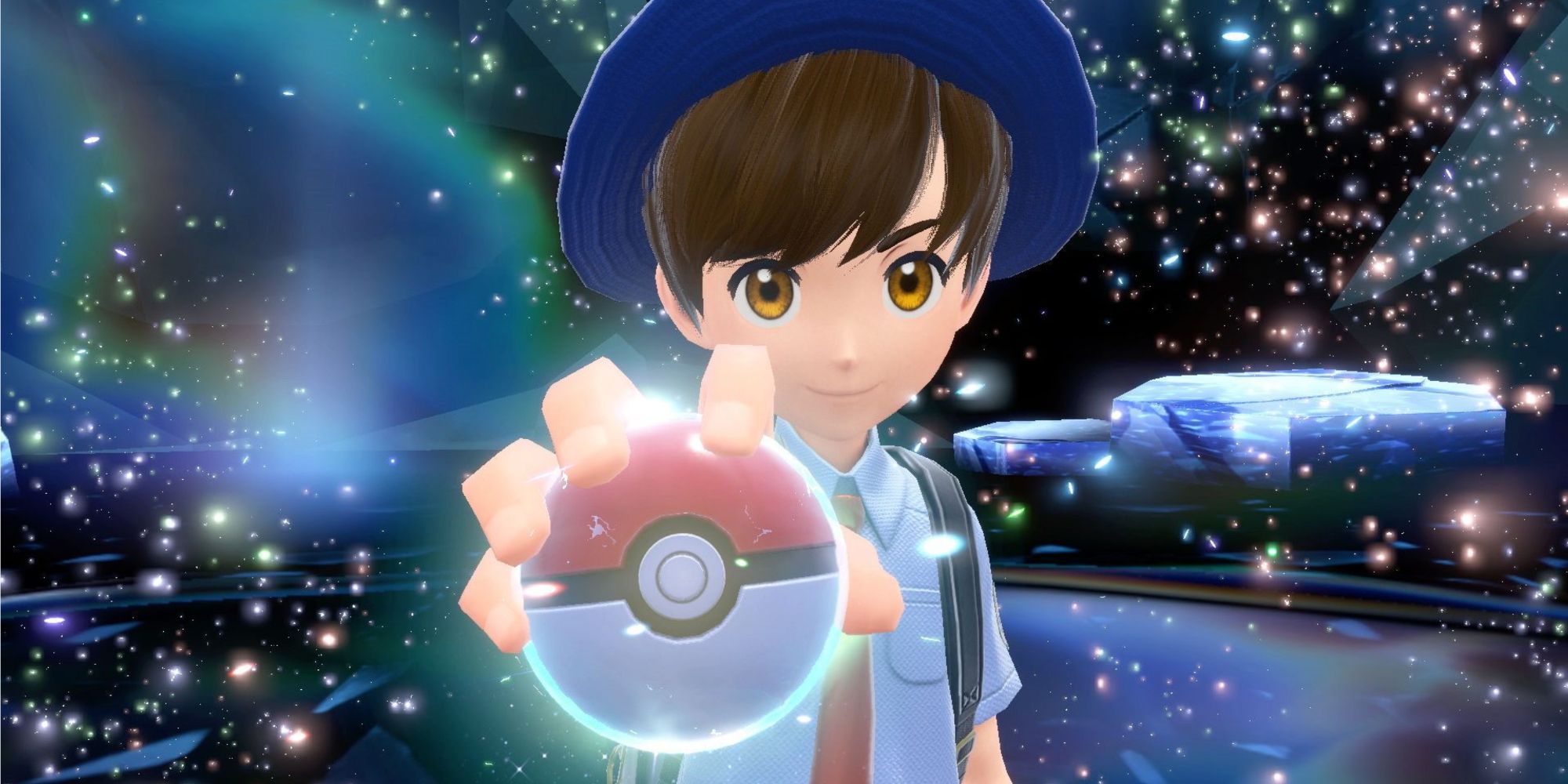 A Pokemon scarlet and violet trainer holding a pokeball towards the camera.