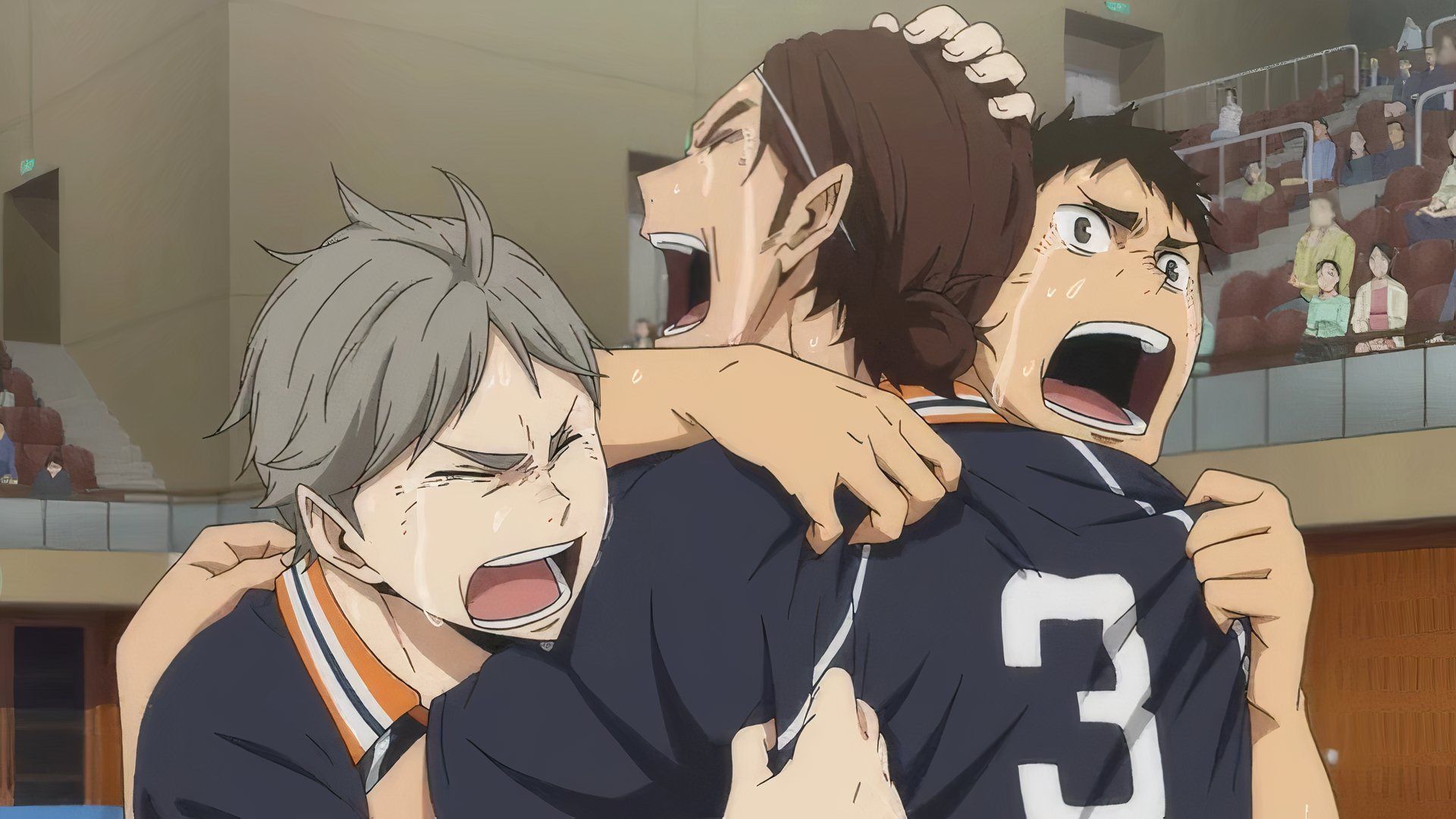 Daichi, Sugawara, and Asahi crying after winning a volleyball match.