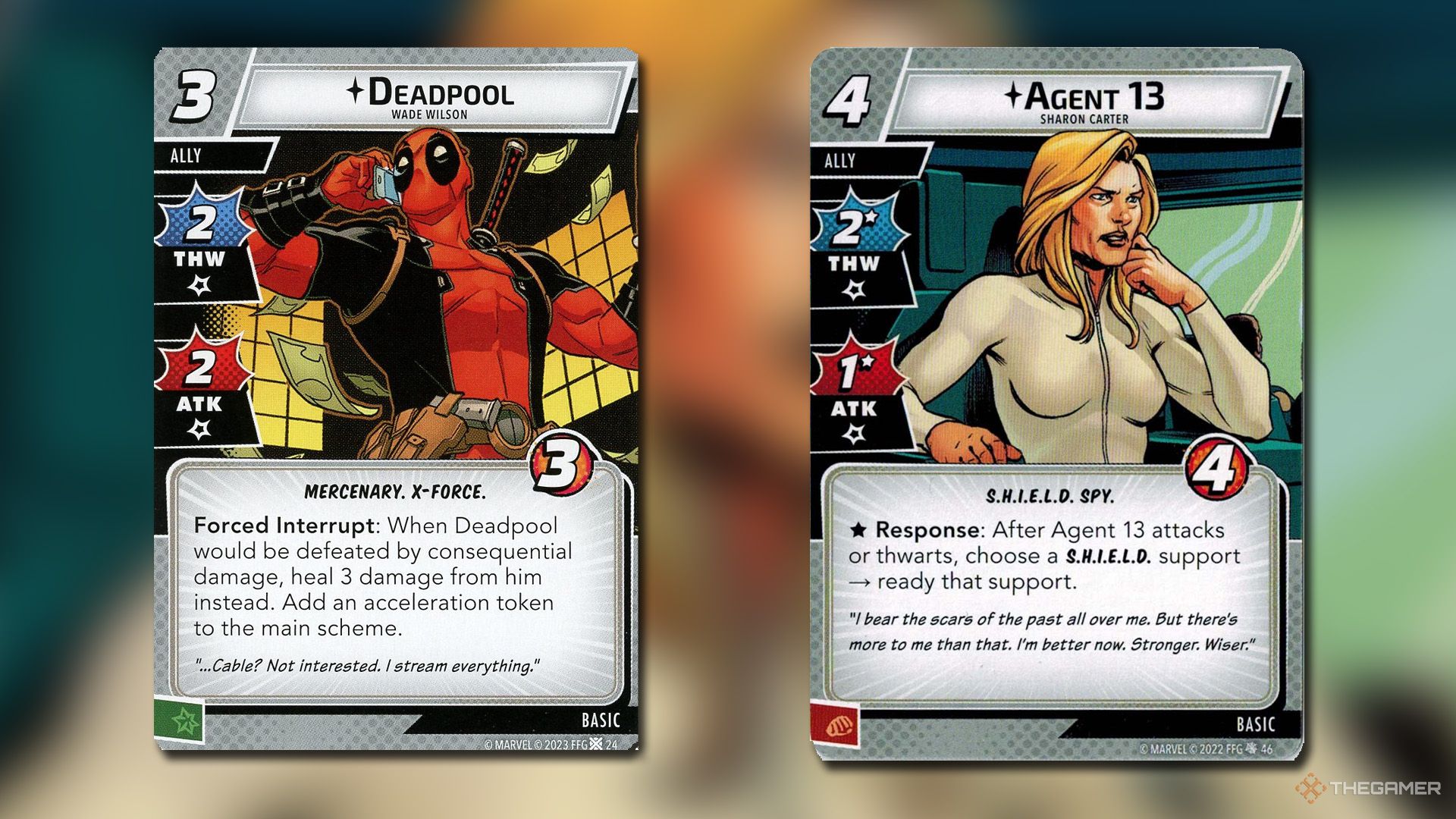 Deadpool and Agent 13 cards from Marvel Champions.