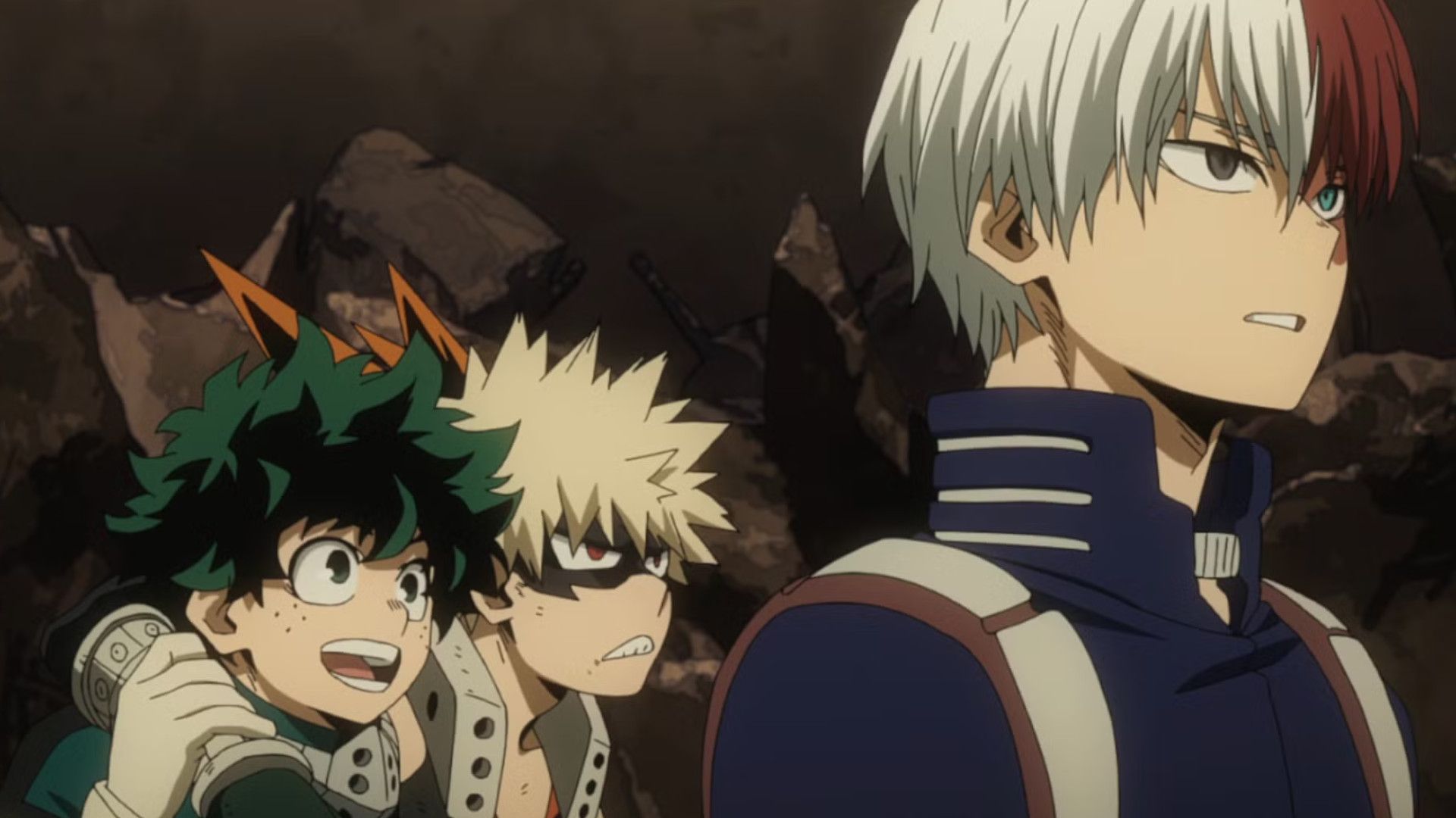Deku helping Bakugo while Todoroki looks ahead in My Hero Academia.