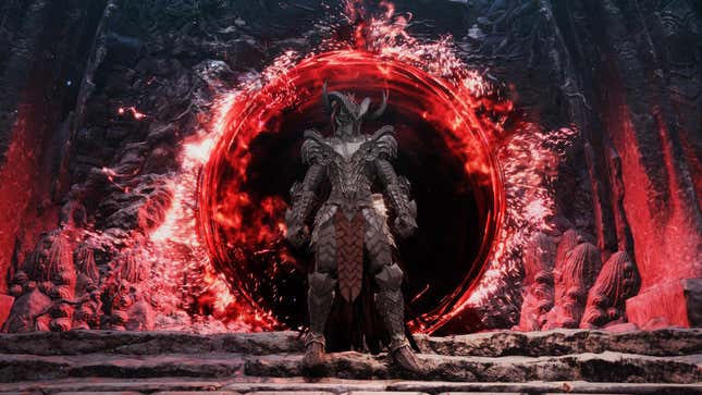 The protagonist of The First Berserker stands in front of a portal while wearing armor.