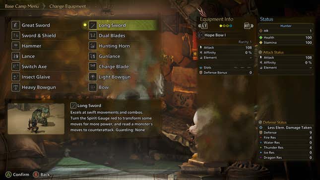 The weapon selection screen for the Long Sword in Monster Hunter Wilds.