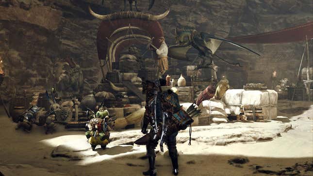 A custom character in the base camp in Monster Hunter Wilds.