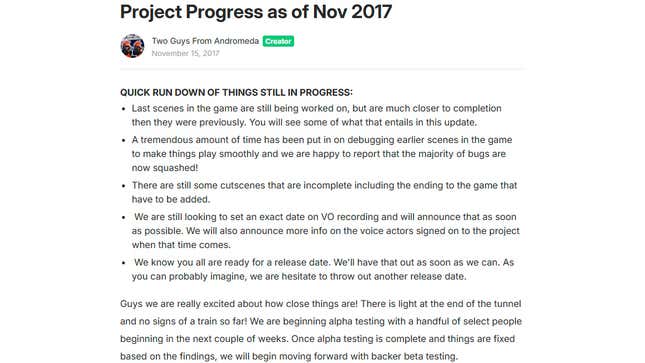 An update page from Nov 2017, saying the game is almost done.