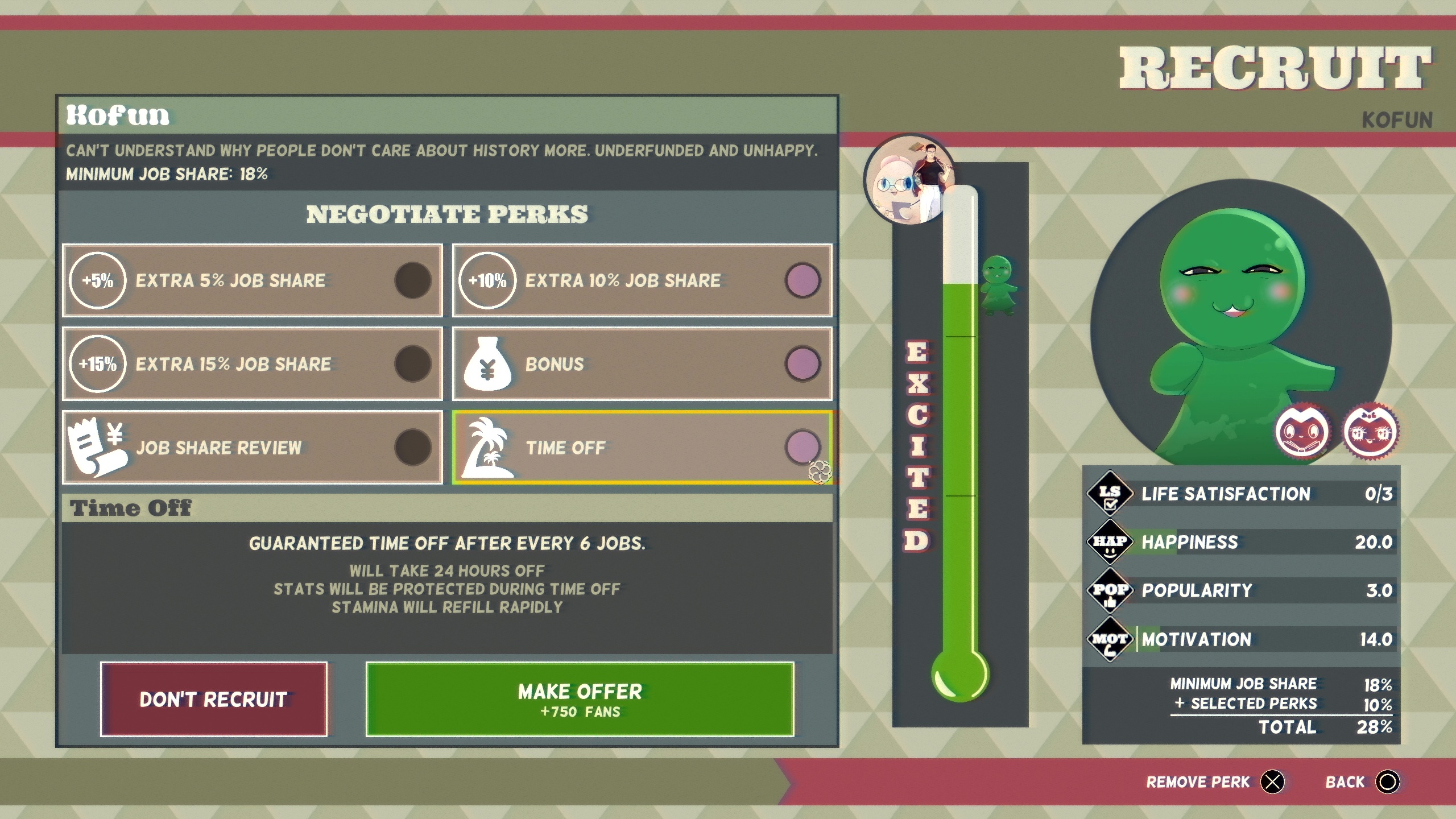 Trying to decide what to offer Kofun in Promise Mascot Agency for recruitment