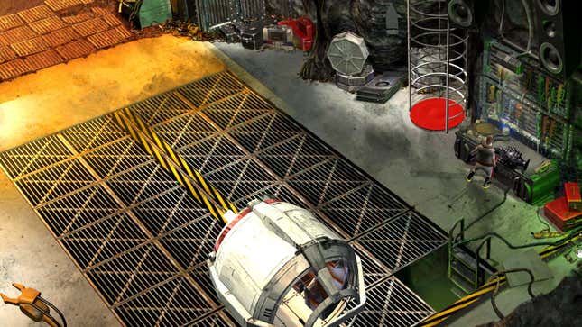 A hanger bay with the tiny character on the right side, in front of an untextured model.