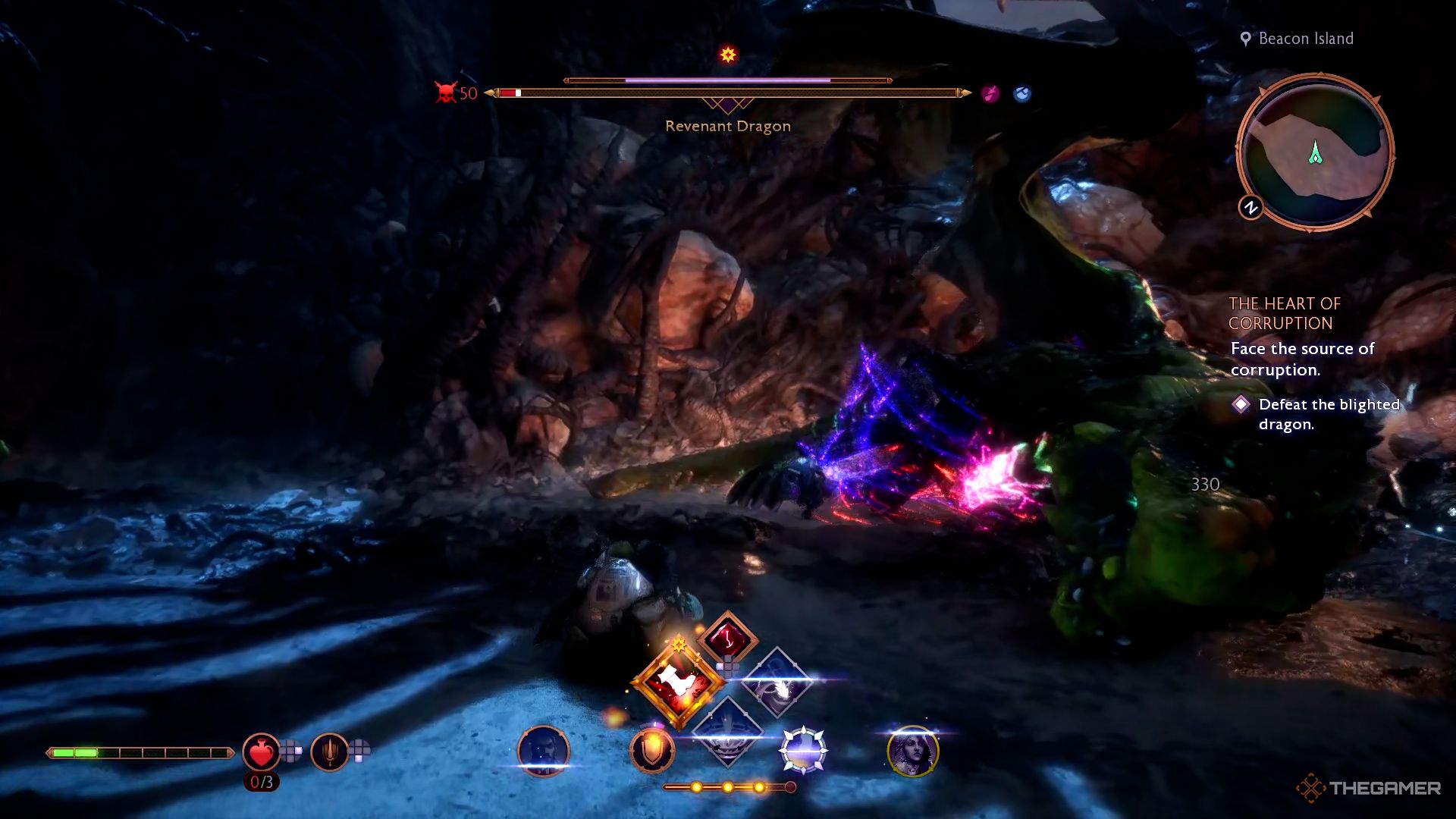 Rook prepares to strike Revenant Dragon's purple glowing chest in Dragon Age: Veilguard.