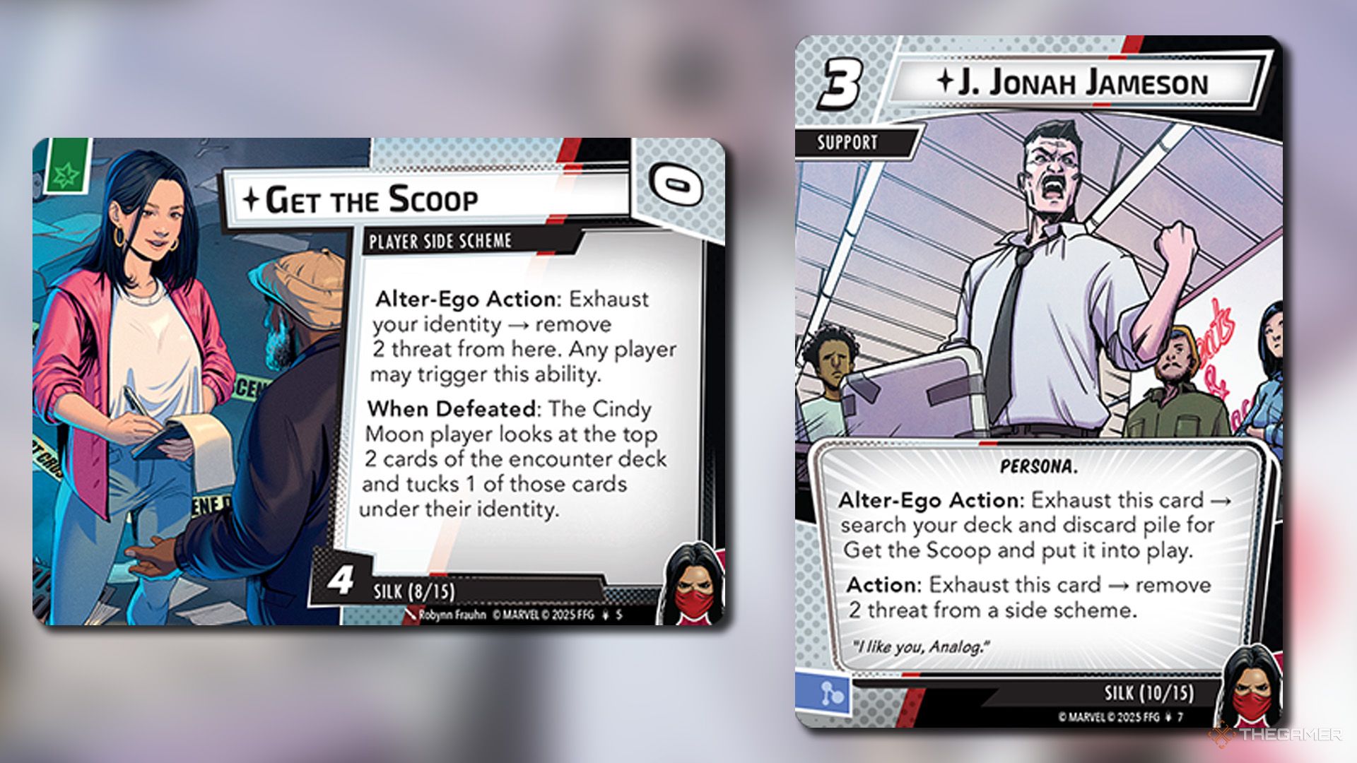 Get The Scoop Jonah Jameson cards from Silk hero deck in Marvel Champions.