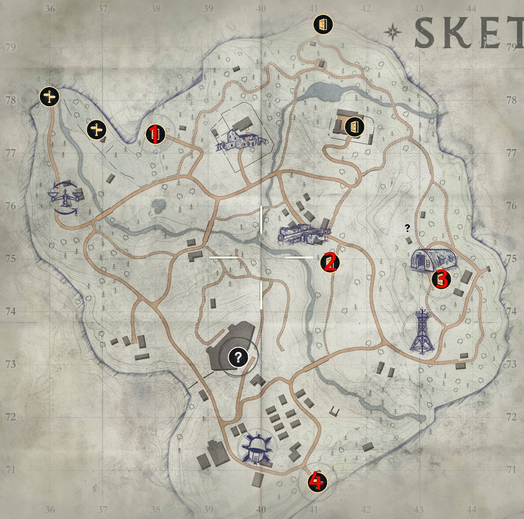 A square map of Skethermoor in Atomfall with the locations of Pneumatic Dispatch Tubes annotated.