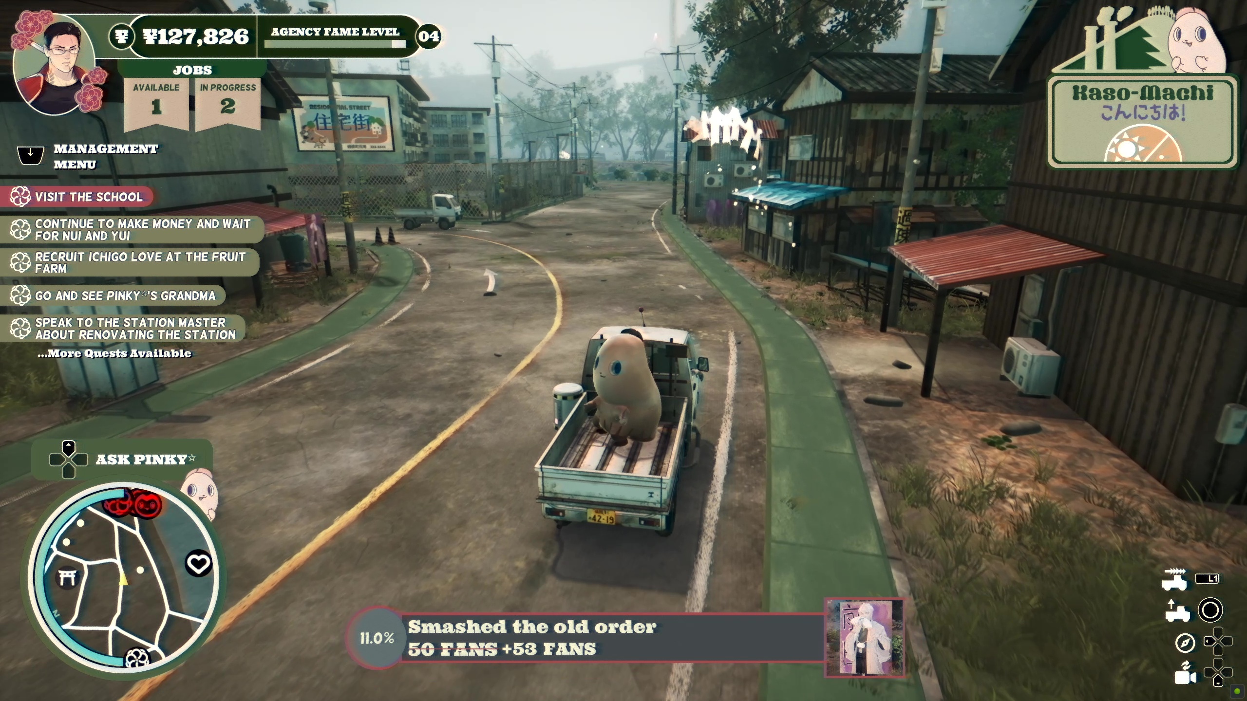 Driving through downtown Kaso-Machi in Promise Mascot Agency