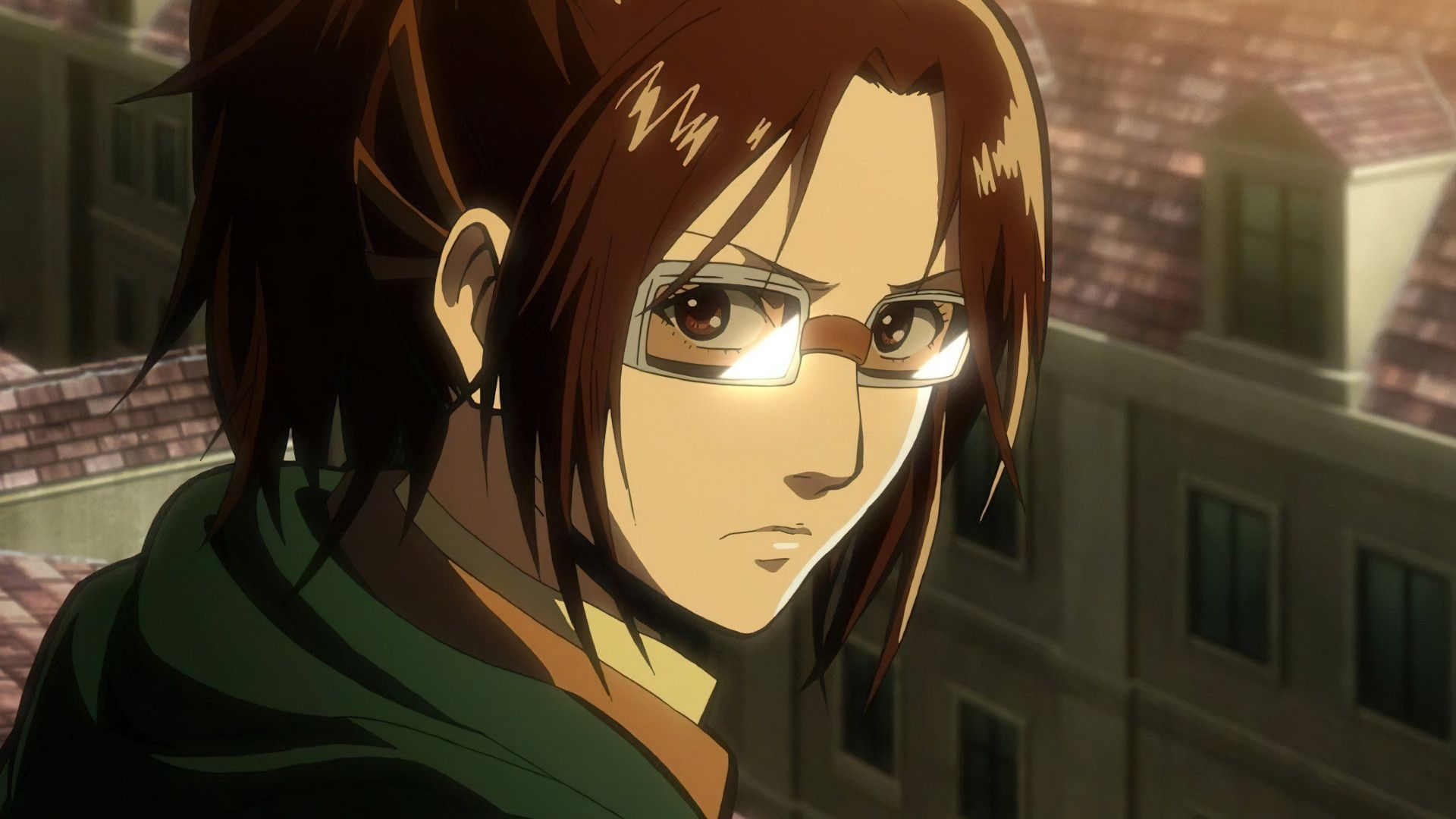Hange from Attack on Titan looking back with a concerning expression.
