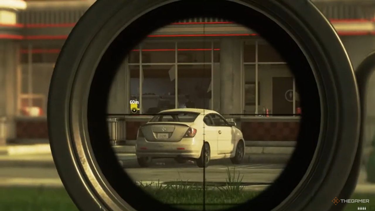 A view through the scope of the sniper rifle in Call of Duty: Modern Warfare 2.