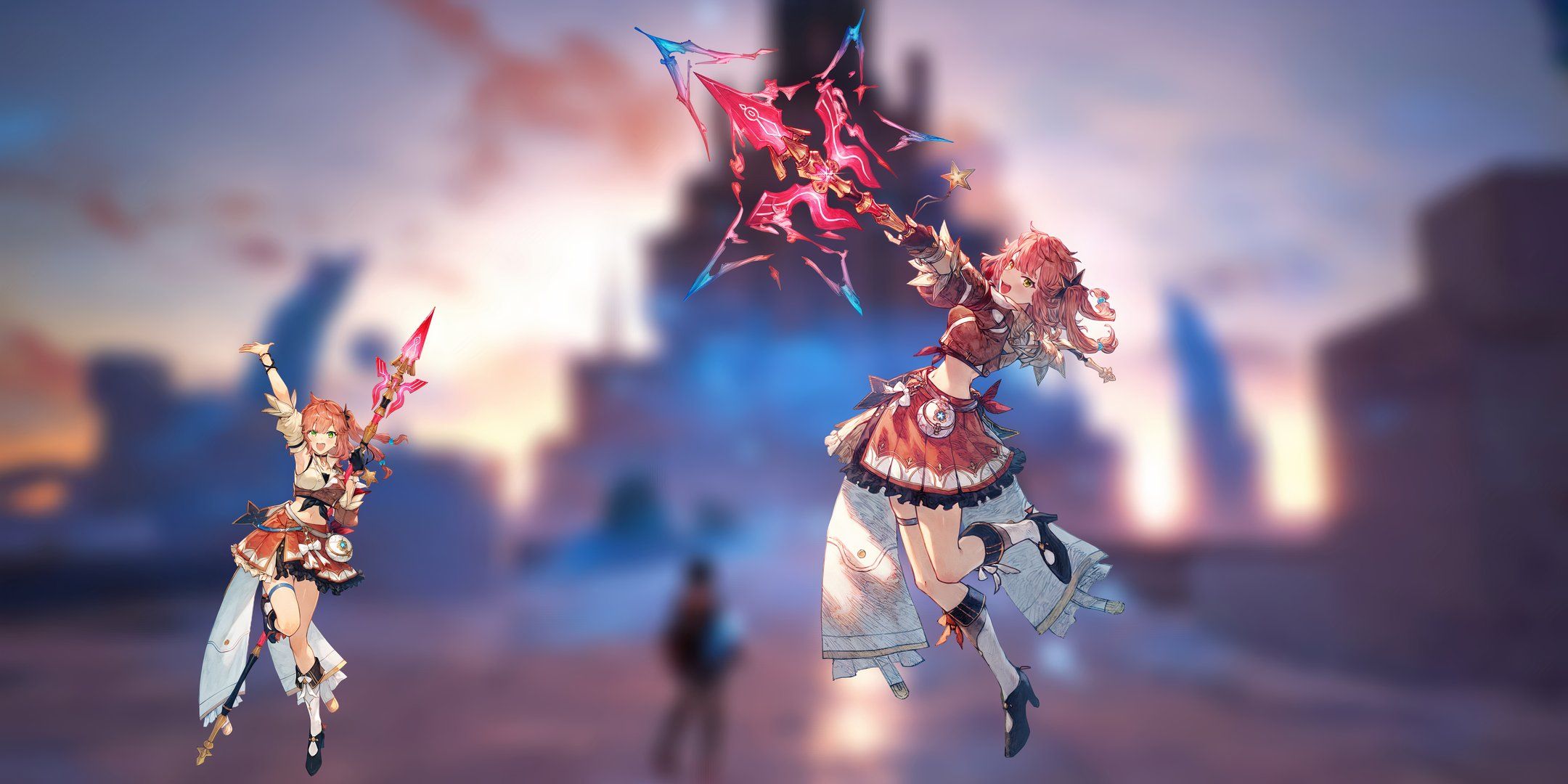 Isla on the left raises her right arm and smiles brightly, while on the right she raises her spear and charges it up over her head, readying it for attack in Atelier Yumia: The Alchemist of Memories & the Envisioned Land.