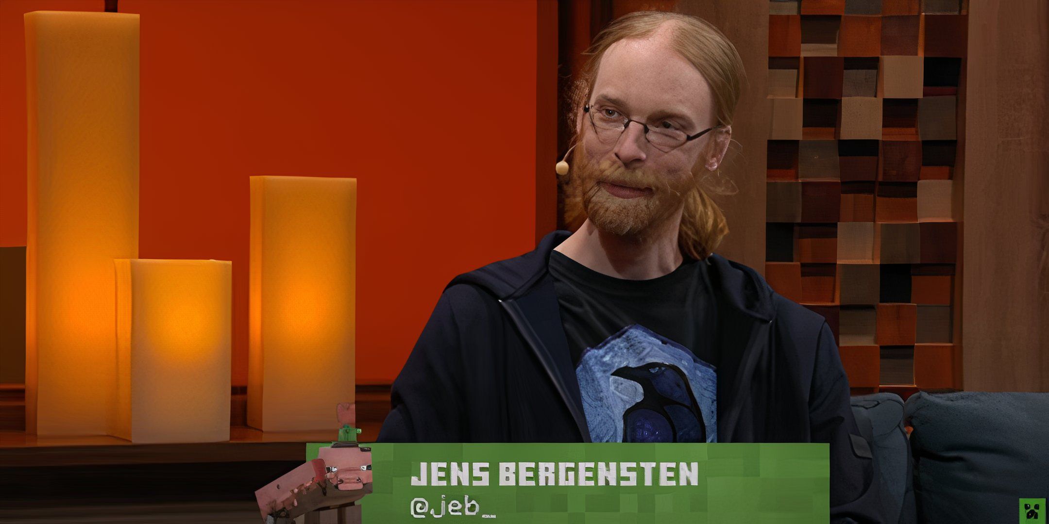 Jeb sat on a sofa during Minecraft Live.