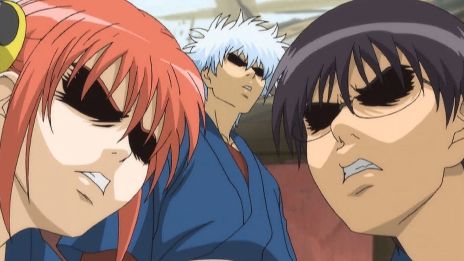 Kagura, Gintoki, and Shinpachi with shock and blacked out eyes from Gintama.
