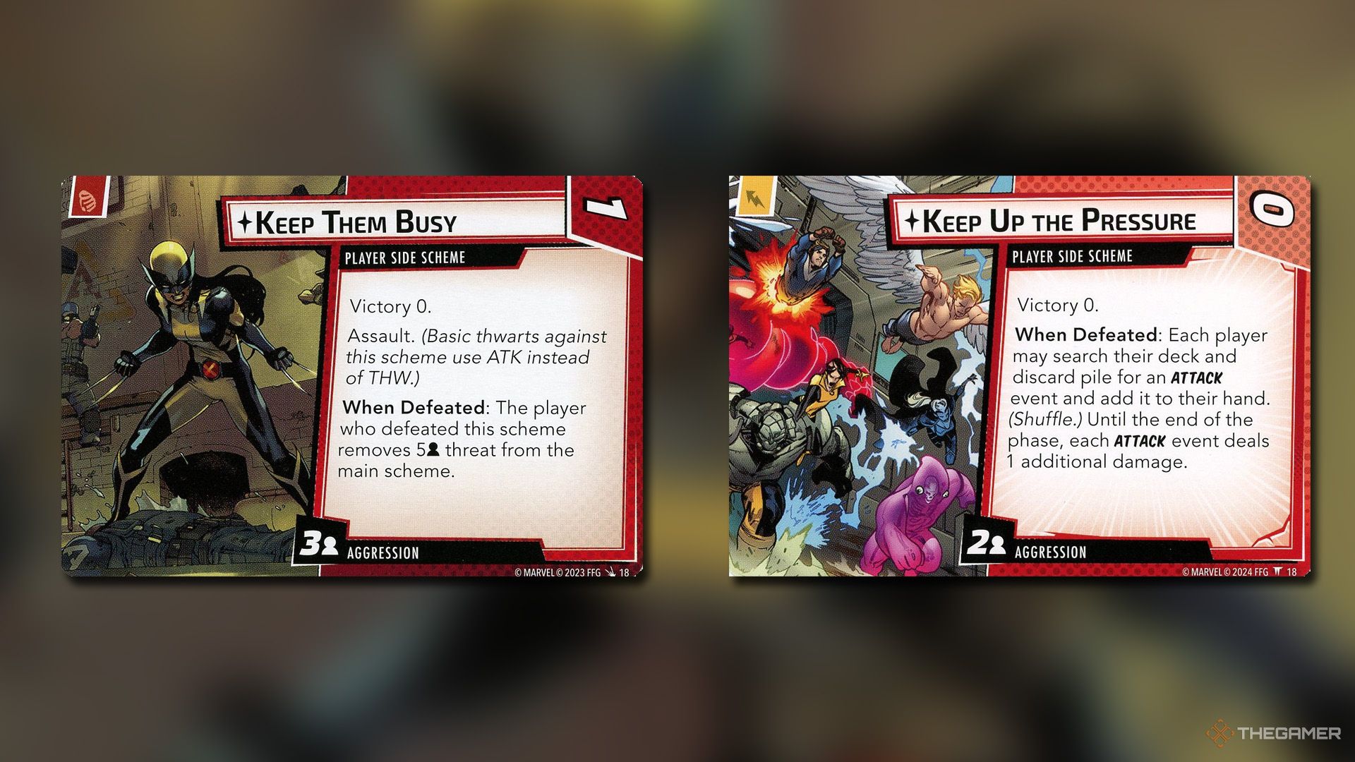 Keep Them Busy and Keep Up The Pressure cards from Marvel Champions.