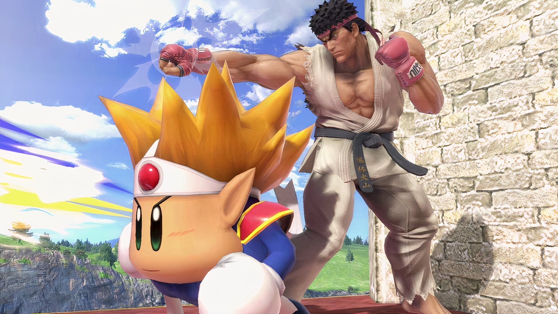 The Knuckle Joe assist trophy seen in front of Street Fighter's Ryu in Super Smash Bros. Ultimate.