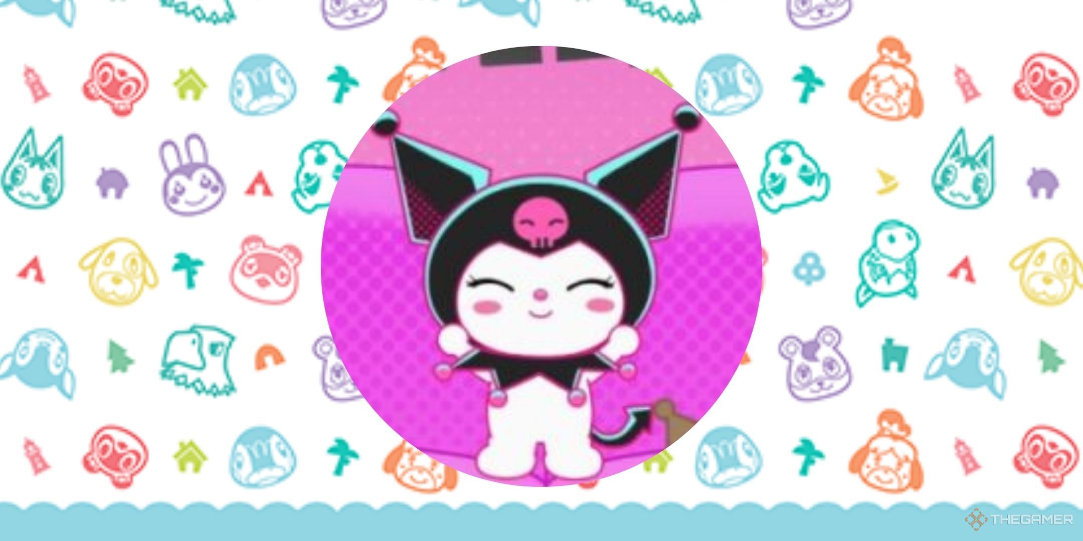 Kuromi on an Animal Crossing printed background.