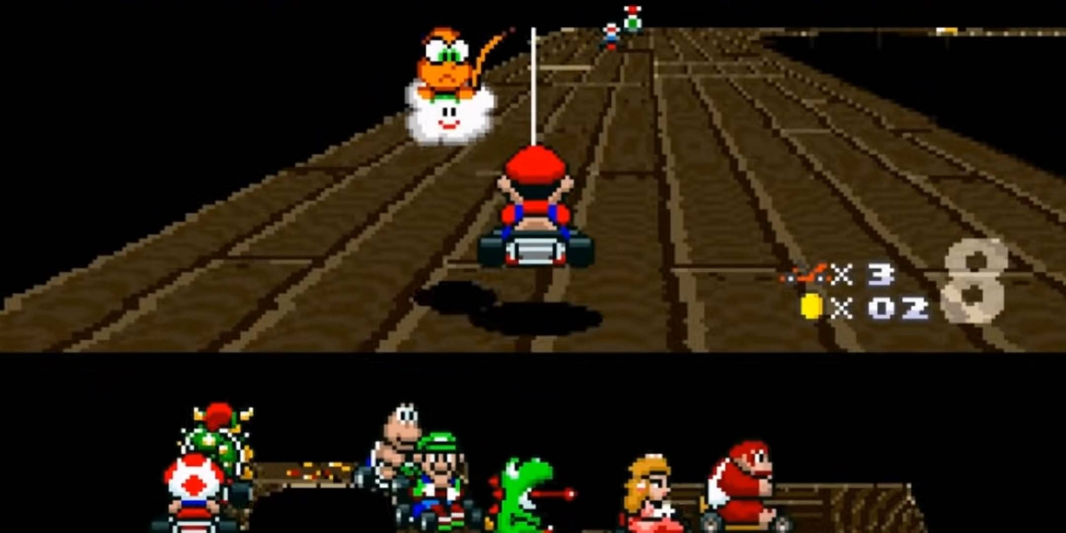 Lakitu rescuing Mario in Super Mario Kart.