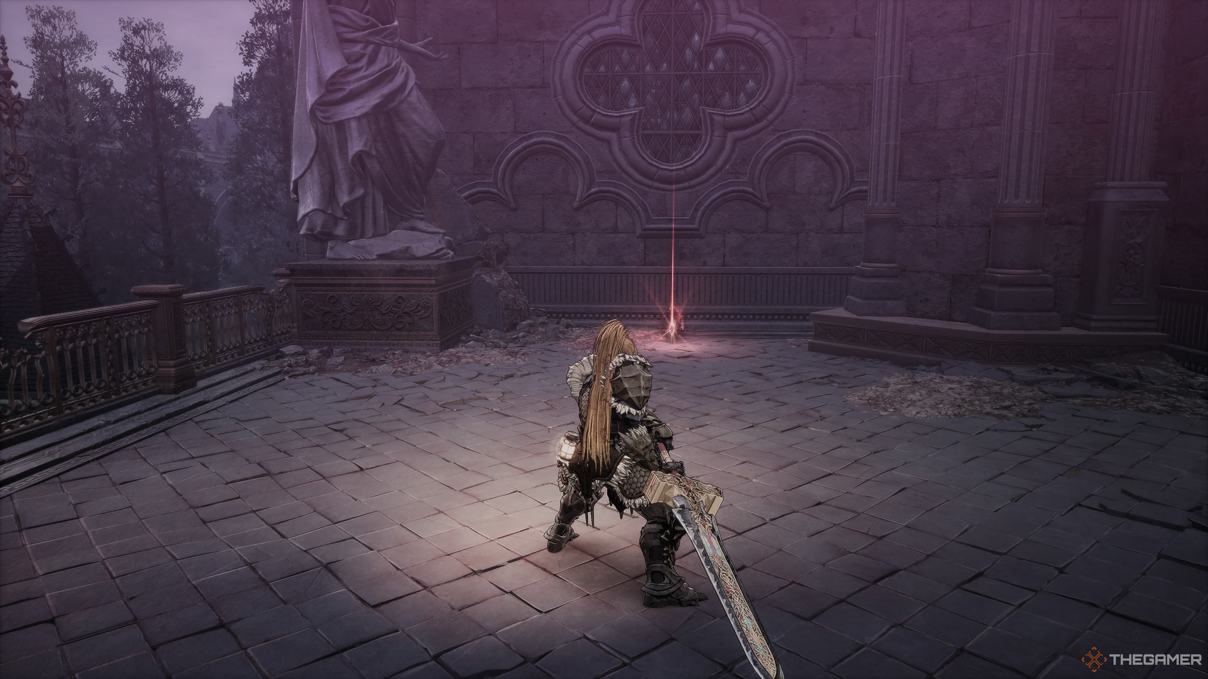 Left of the Bloodied Sanctuary courtyard entrance in The First Berserker Khazan.