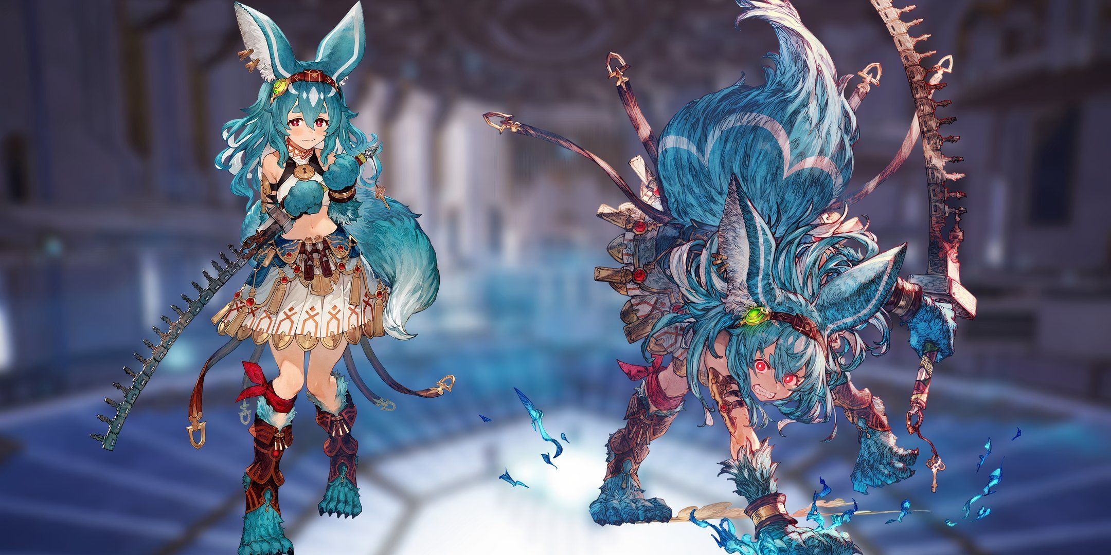 Lenja on the left is holding her hands to her face and holding a shy pose, while Lenja on the right has her sword out and she is on all fours prepared for battle with glowing red eyes in Atelier Yumia: The Alchemist of Memories & the Envisioned Land.