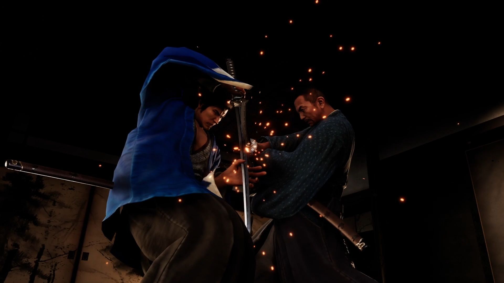 Like A Dragon Ishin, Ryoma clashing swords with Takechi.