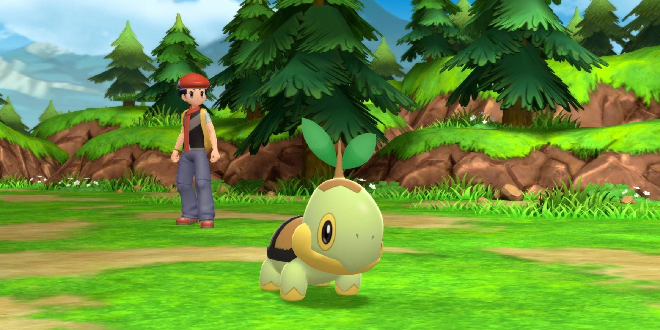 Lucas with Turtwig ready for battle in Pokemon Brilliant Diamond.